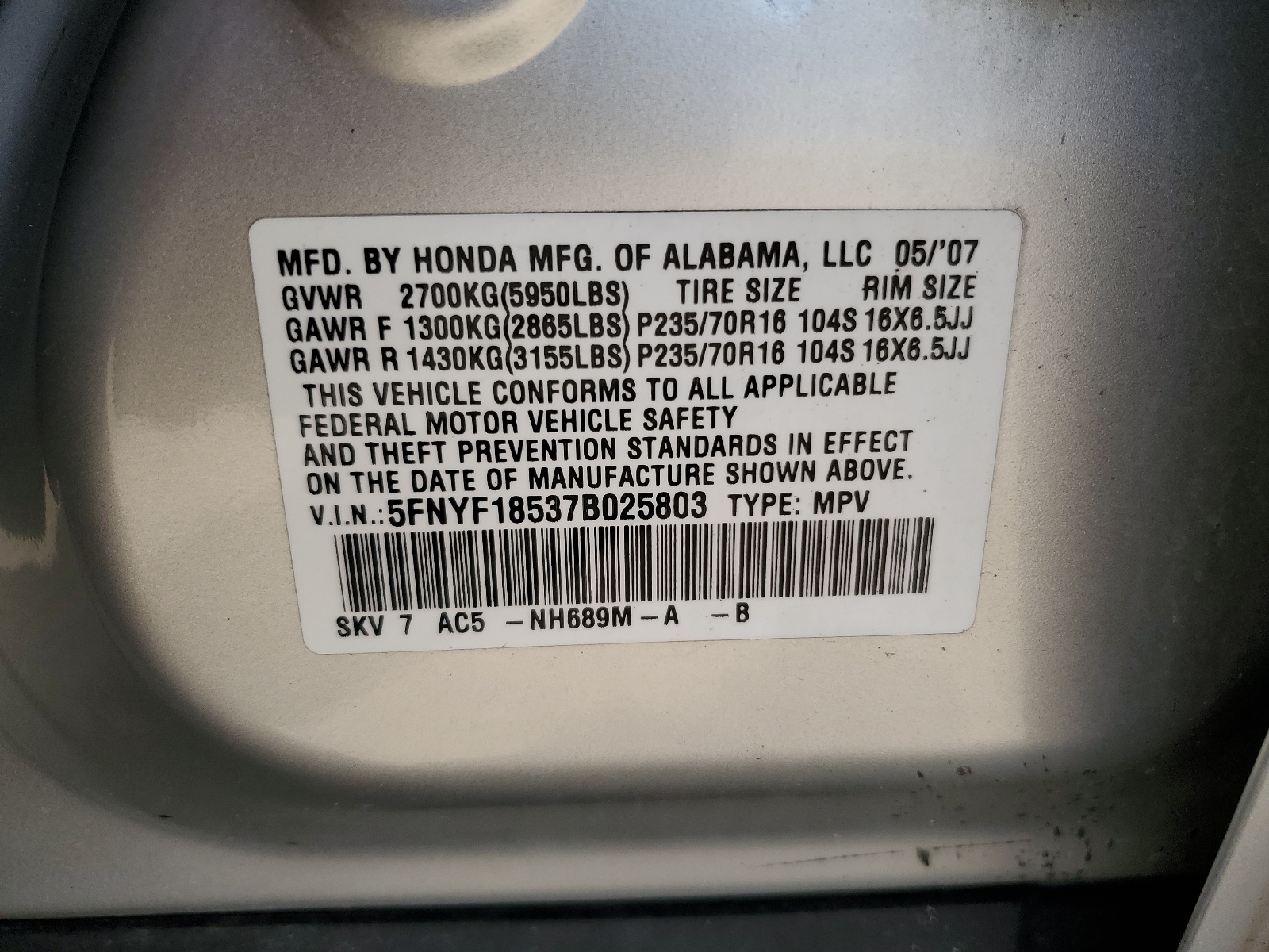 5FNYF18537B025803 2007 Honda Pilot Exl