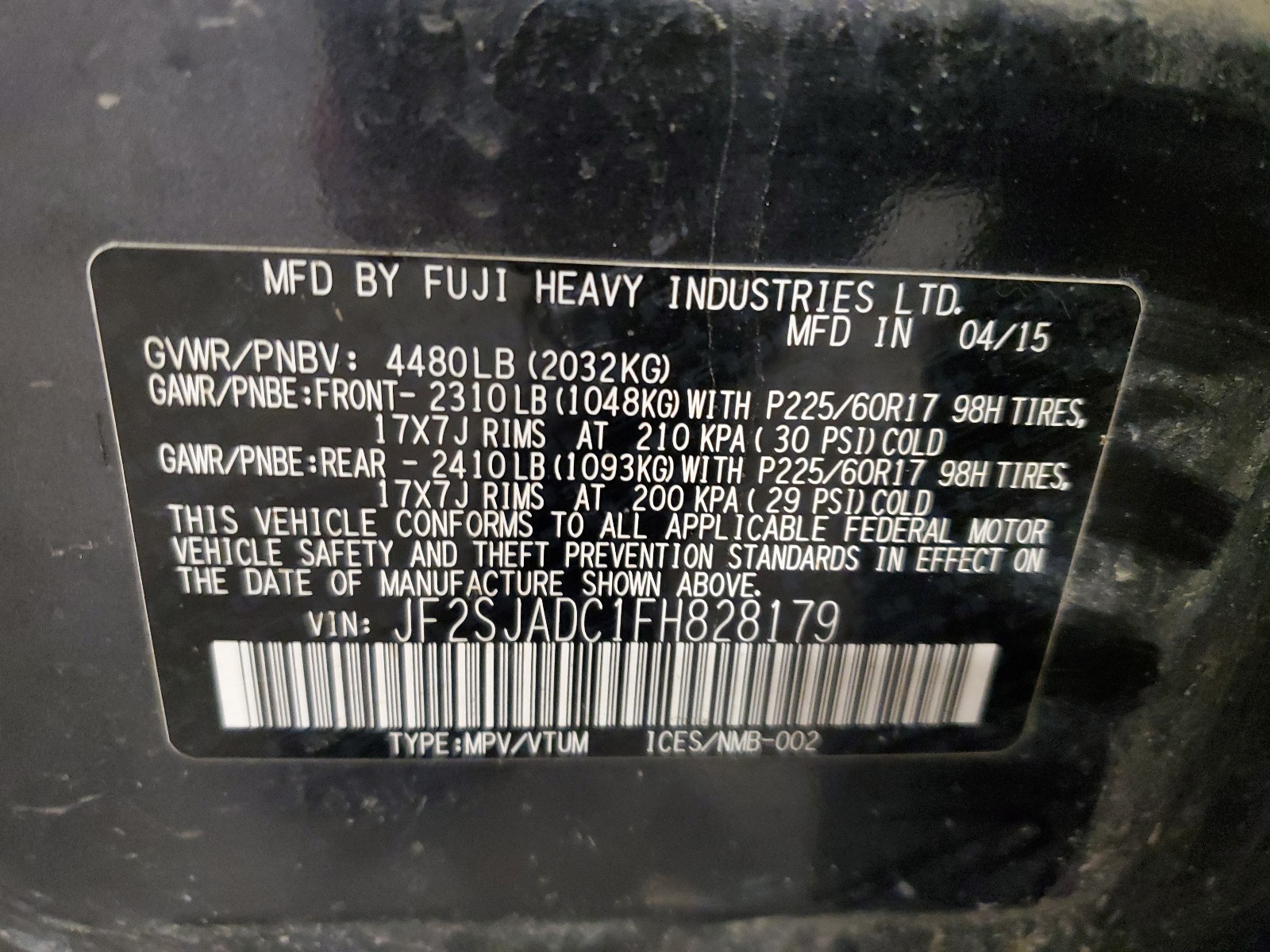 JF2SJADC1FH828179 2015 Subaru Forester 2.5I Premium