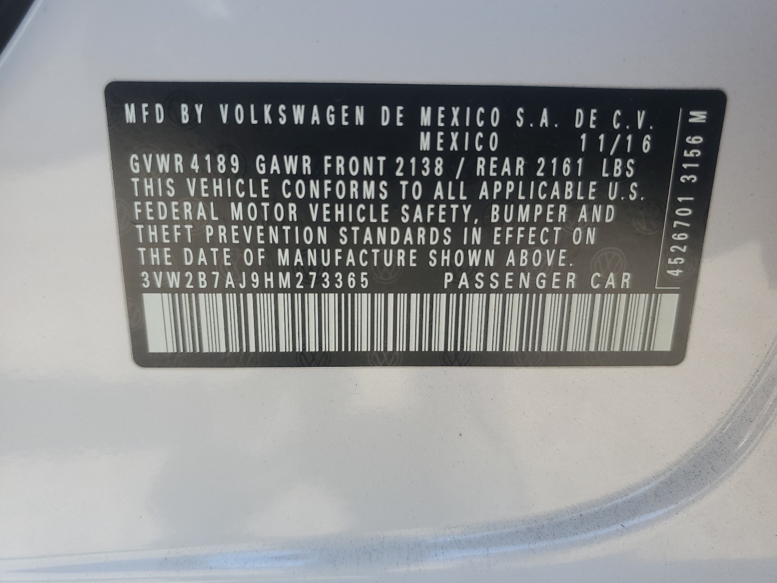 3VW2B7AJ9HM273365 2017 Volkswagen Jetta S