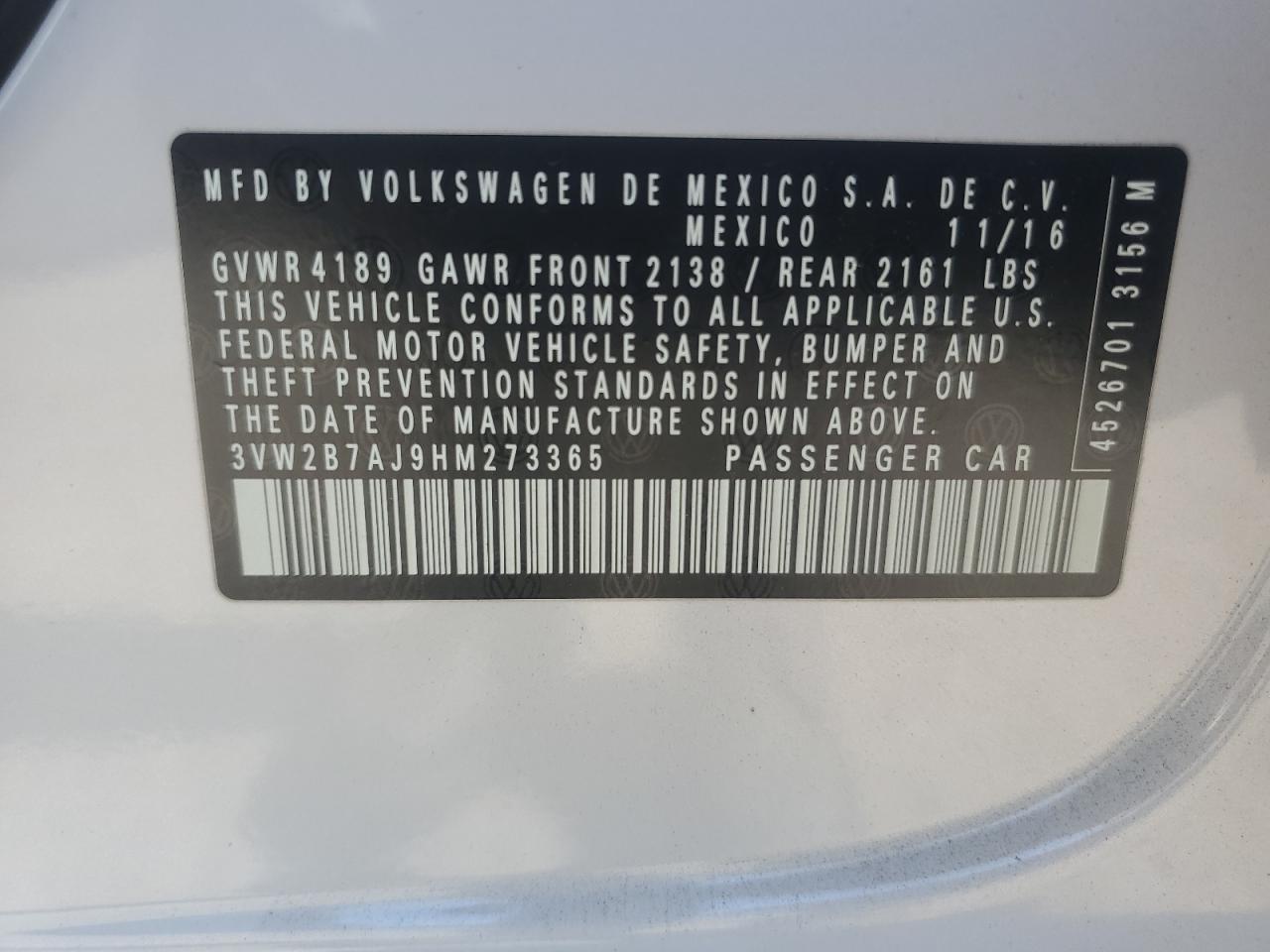 2017 Volkswagen Jetta S VIN: 3VW2B7AJ9HM273365 Lot: 65480174