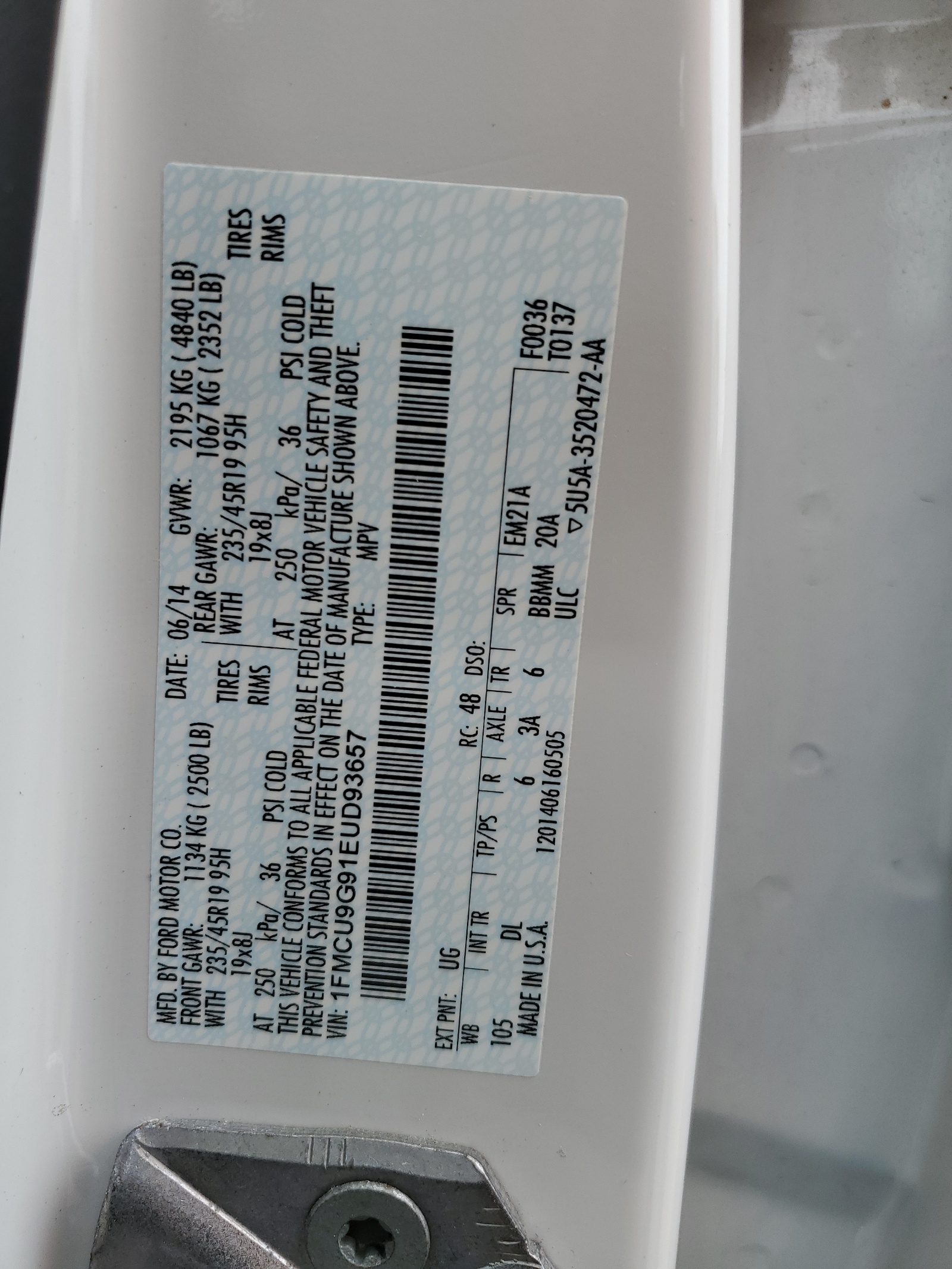 1FMCU9G91EUD93657 2014 Ford Escape Se