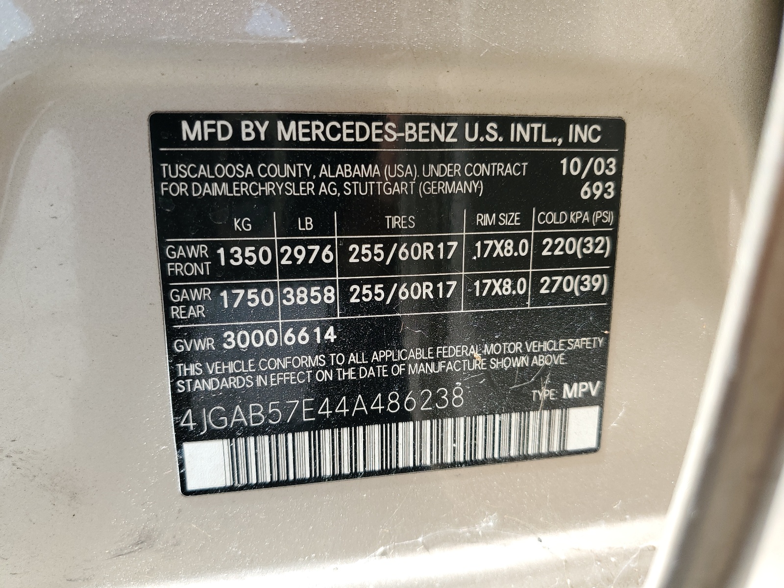 4JGAB57E44A486238 2004 Mercedes-Benz Ml 350