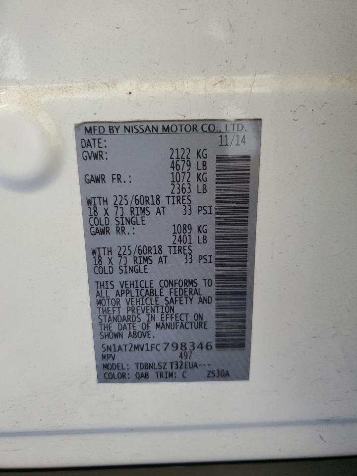 2015 Nissan Rogue S VIN: 5N1AT2MV1FC798346 Lot: 65238554