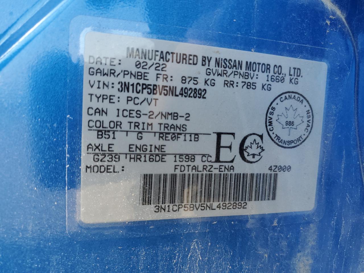 2022 Nissan Kicks S VIN: 3N1CP5BV5NL492892 Lot: 64269864