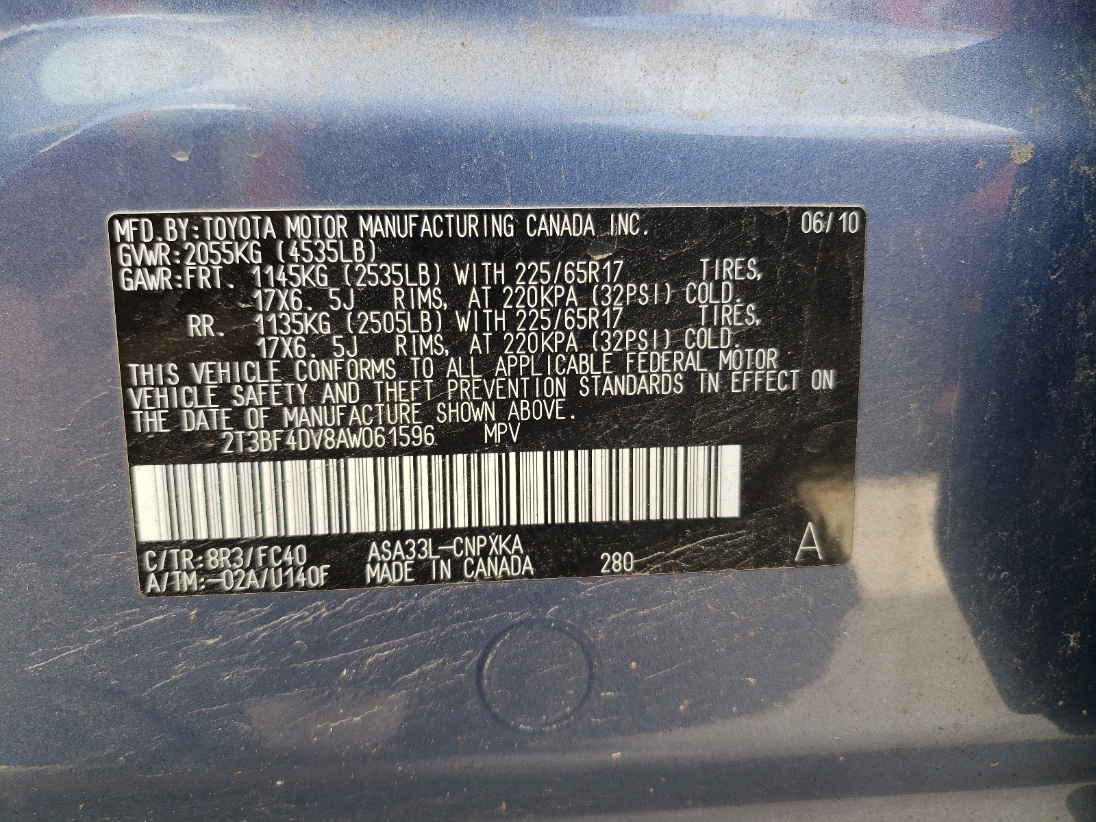 2T3BF4DV8AW061596 2010 Toyota Rav4