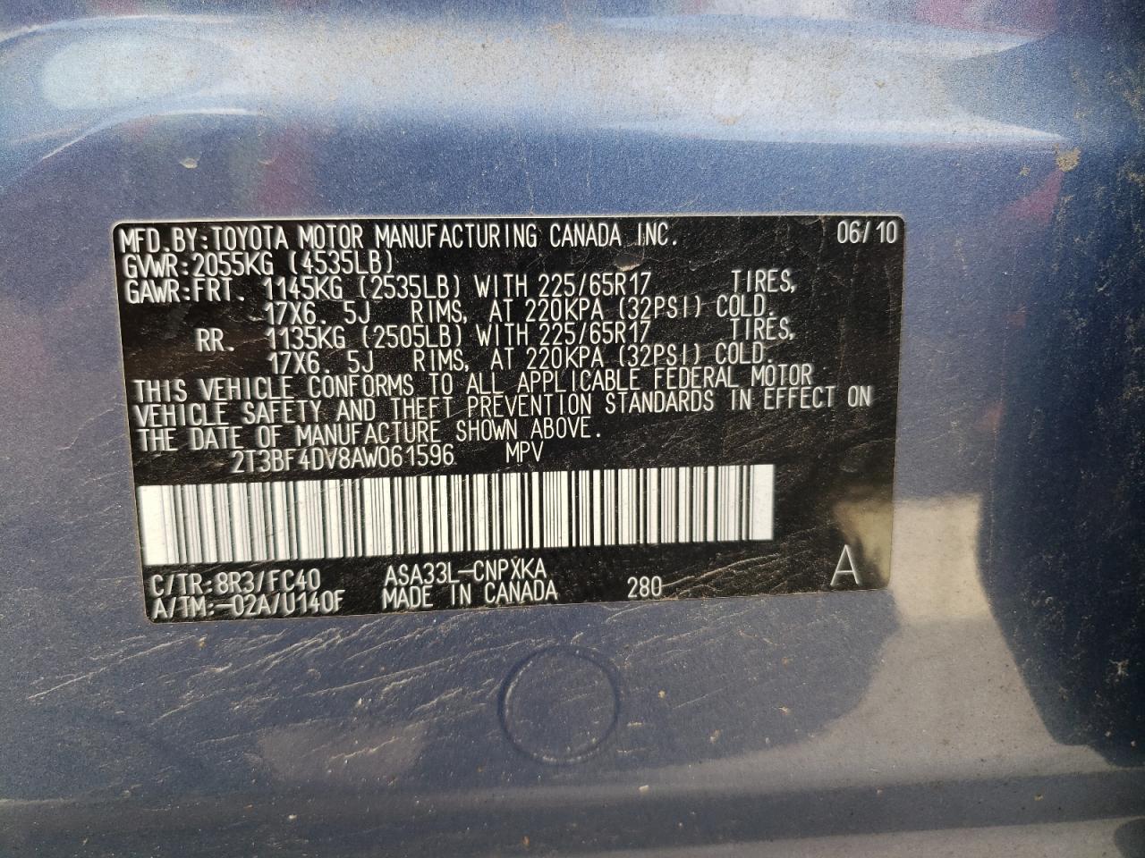 2010 Toyota Rav4 VIN: 2T3BF4DV8AW061596 Lot: 63195114