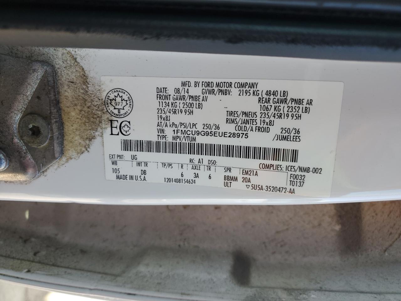 2014 Ford Escape Se VIN: 1FMCU9G95EUE28975 Lot: 64786064