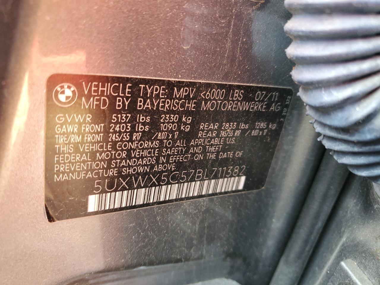 2011 BMW X3 xDrive28I VIN: 5UXWX5C57BL711382 Lot: 63226534