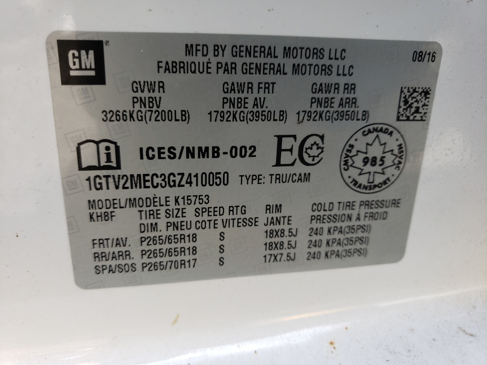 1GTV2MEC3GZ410050 2016 GMC Sierra K1500 Sle