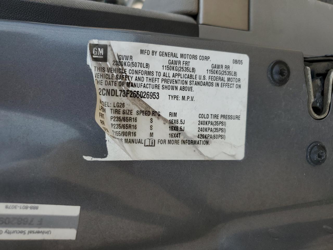 2006 Chevrolet Equinox Lt VIN: 2CNDL73F266026953 Lot: 64422284