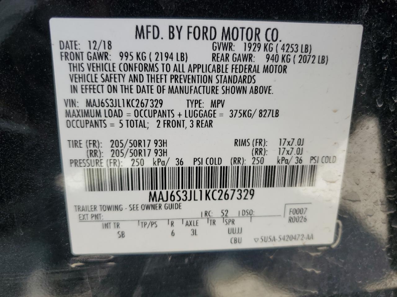 2019 Ford Ecosport Ses VIN: MAJ6S3JL1KC267329 Lot: 61894404