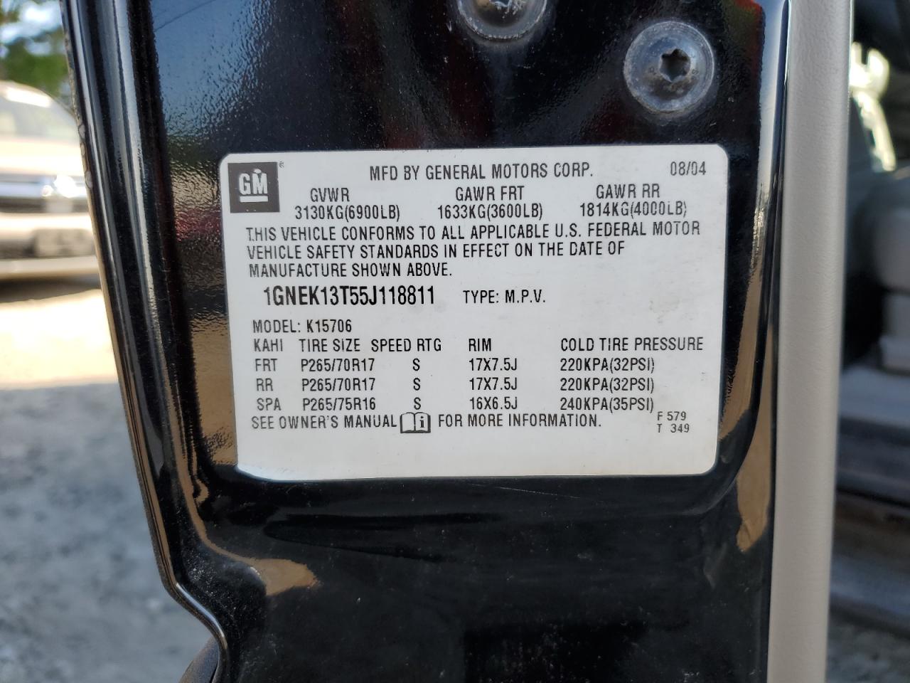 2005 Chevrolet Tahoe K1500 VIN: 1GNEK13T55J118811 Lot: 60955474