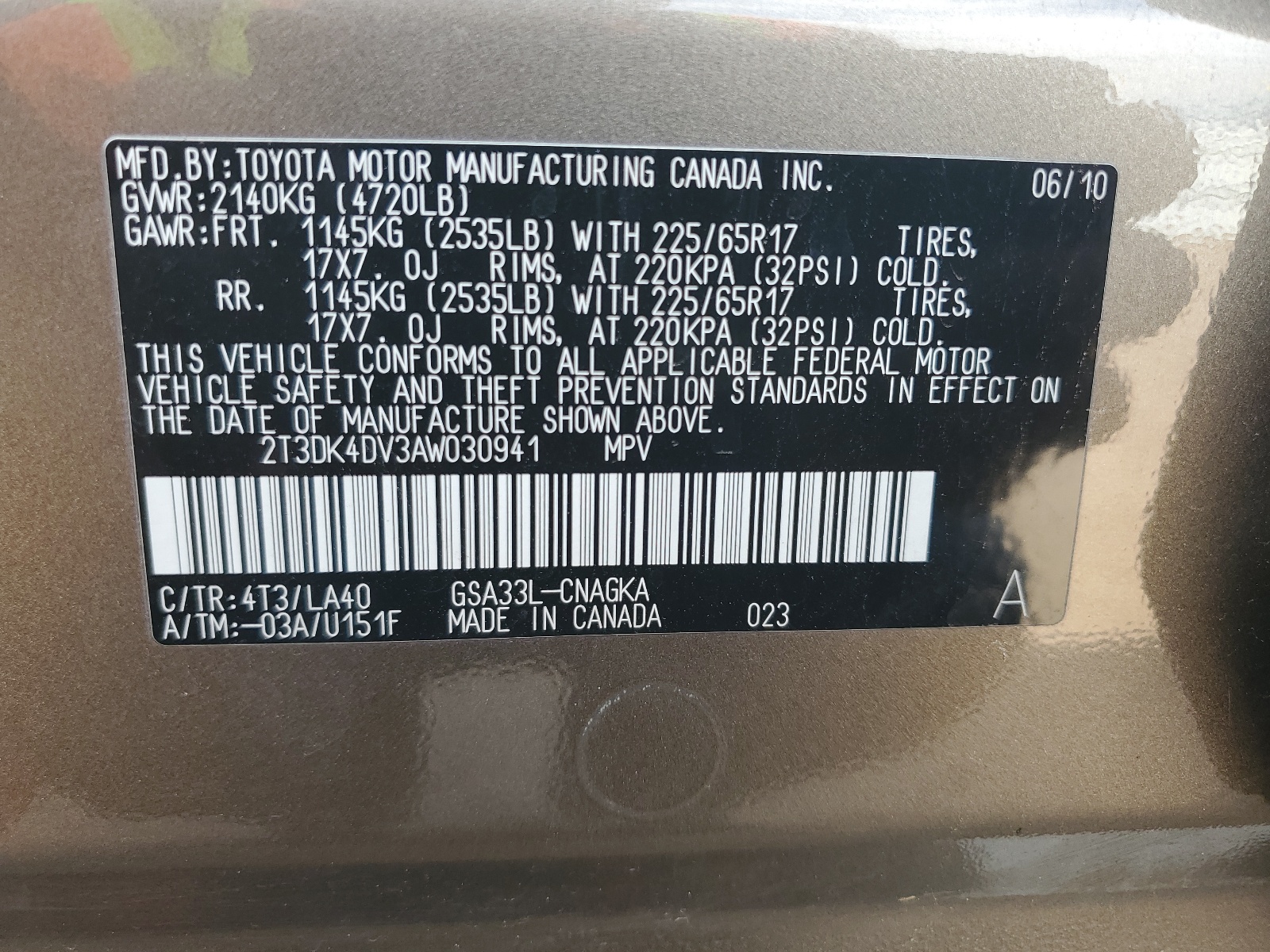 2T3DK4DV3AW030941 2010 Toyota Rav4 Limited