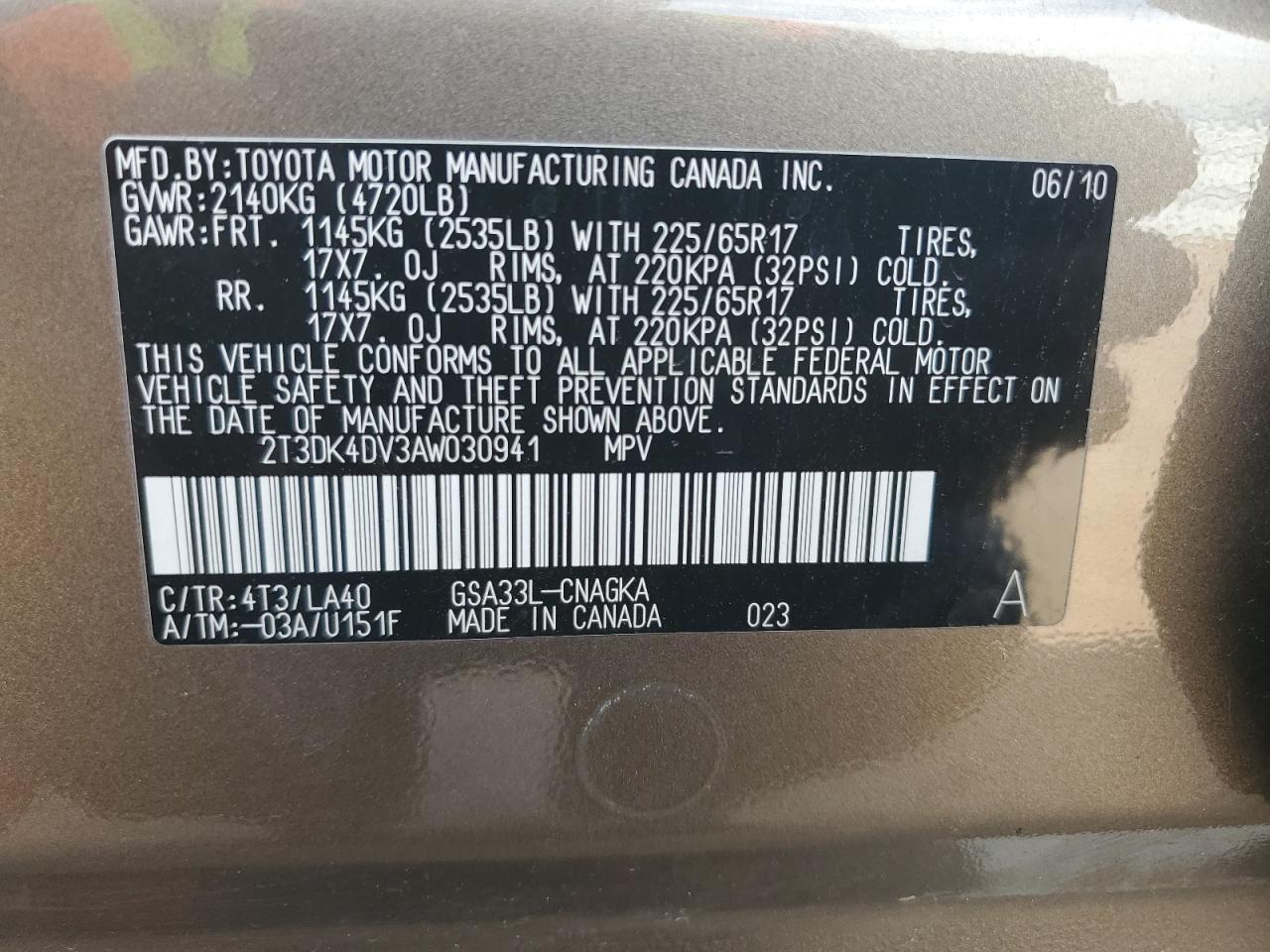 2010 Toyota Rav4 Limited VIN: 2T3DK4DV3AW030941 Lot: 63191204