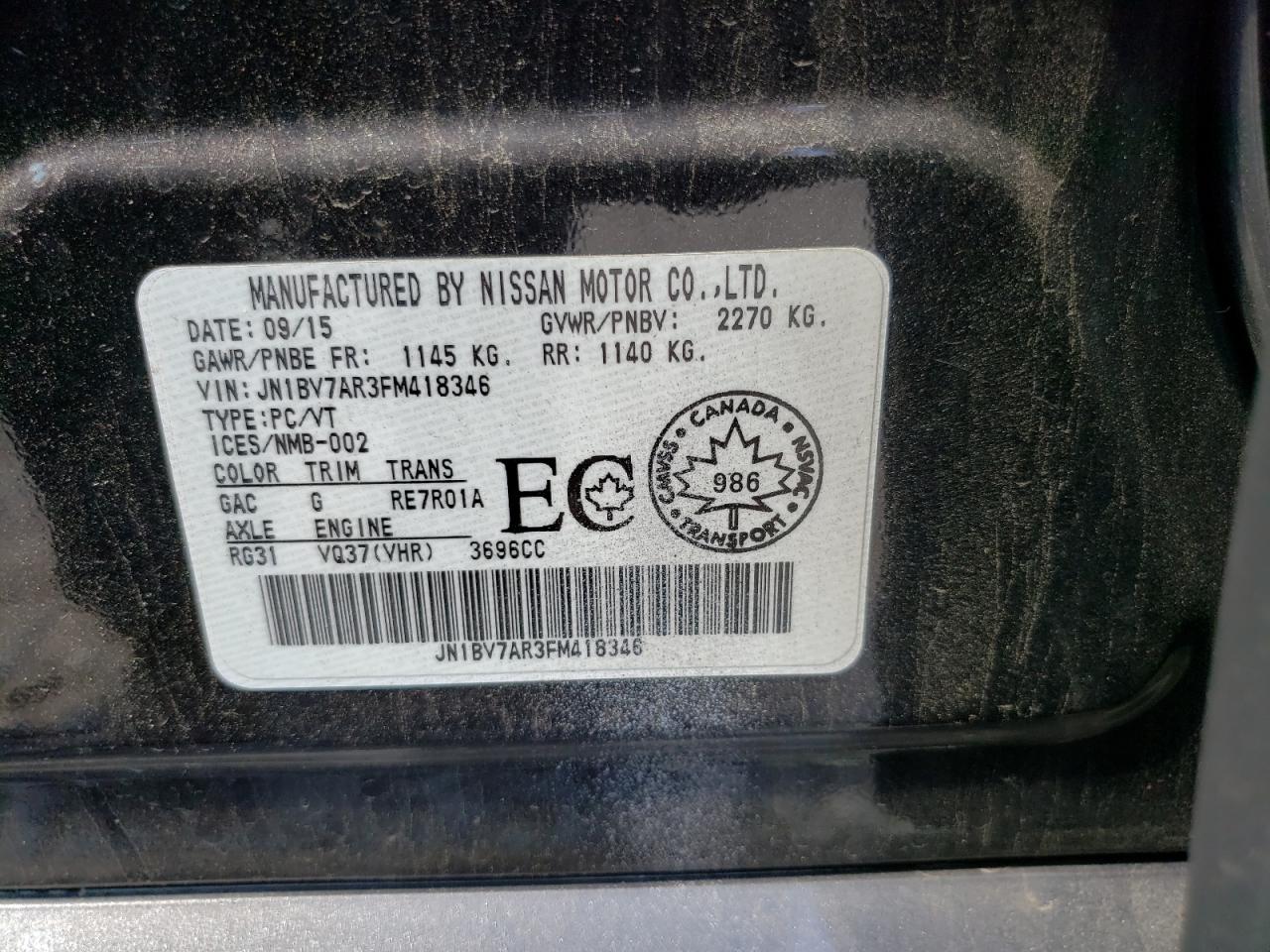 2015 Infiniti Q50 Base VIN: JN1BV7AR3FM418346 Lot: 61598634