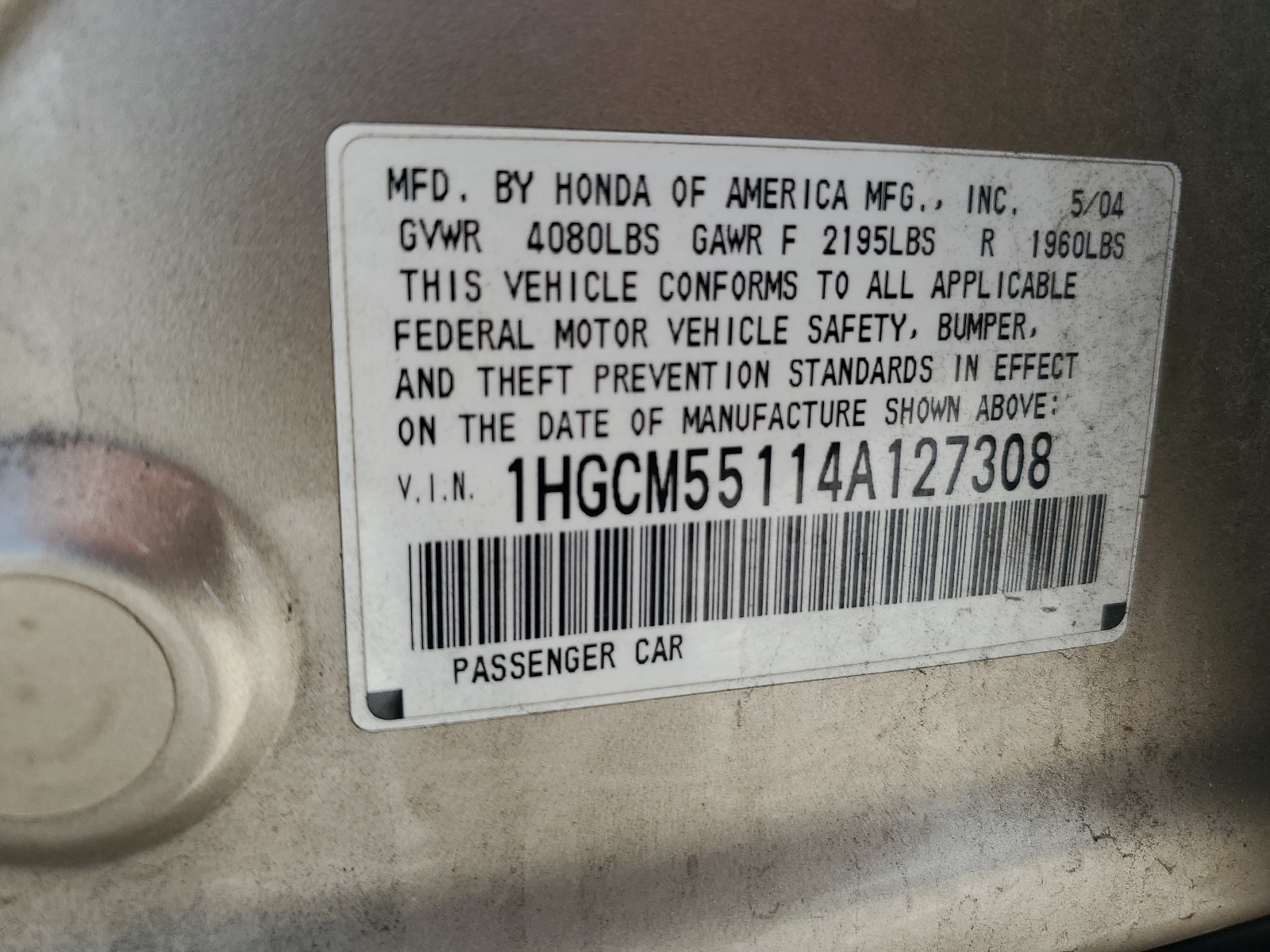 1HGCM55114A127308 2004 Honda Accord Dx