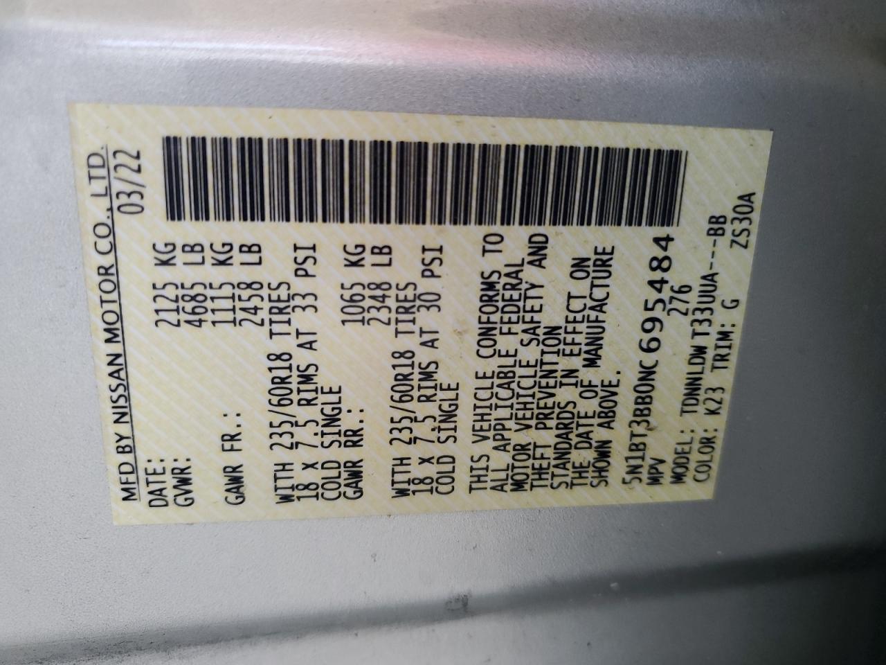 2022 Nissan Rogue Sv VIN: 5N1BT3BB0NC695484 Lot: 64256274