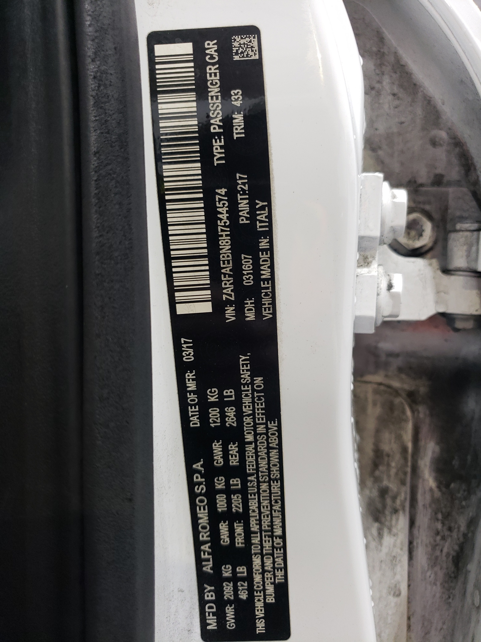 ZARFAEBN8H7544574 2017 Alfa Romeo Giulia