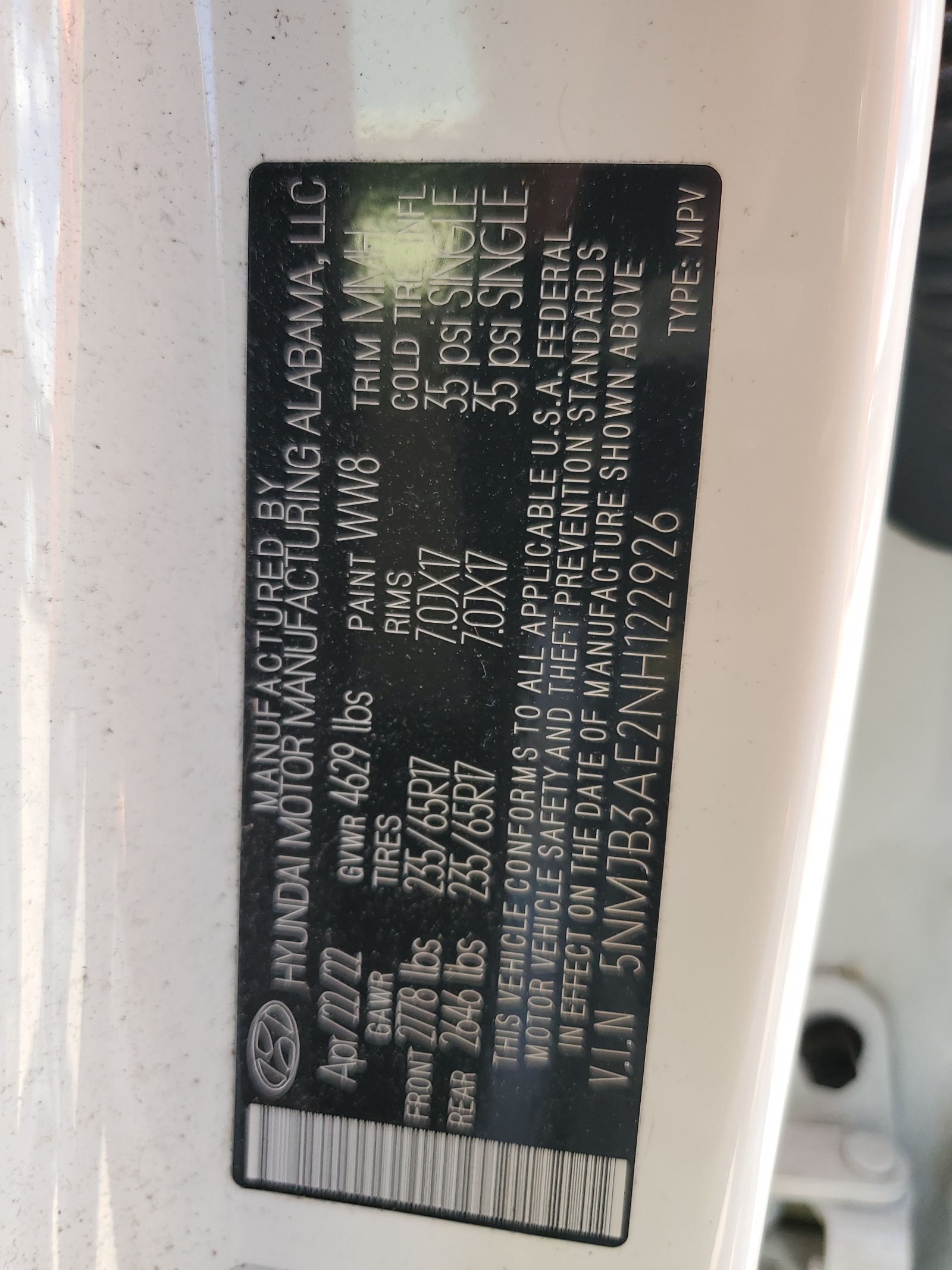 5NMJB3AE2NH122926 2022 Hyundai Tucson Sel