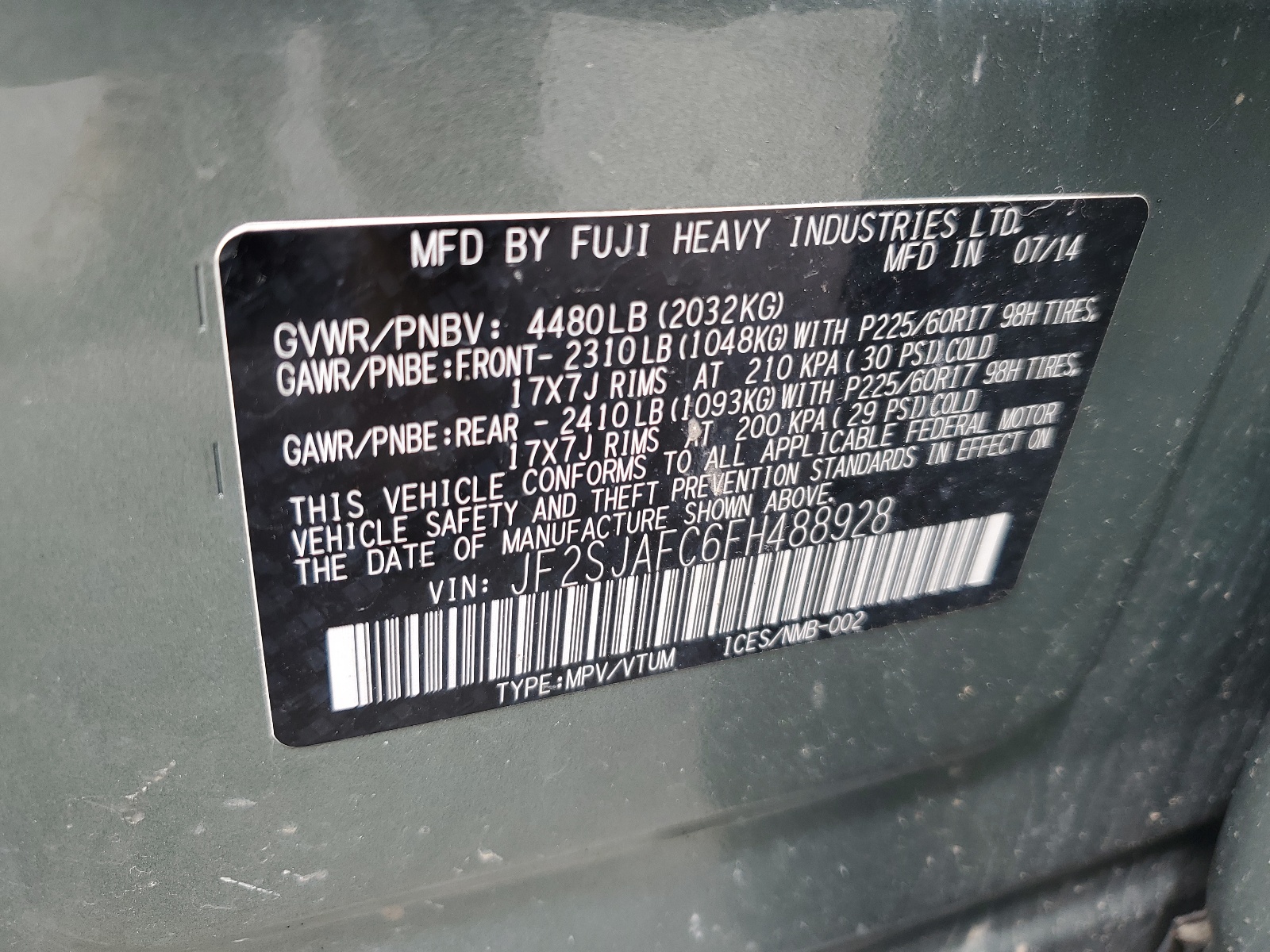 JF2SJAFC6FH488928 2015 Subaru Forester 2.5I Premium