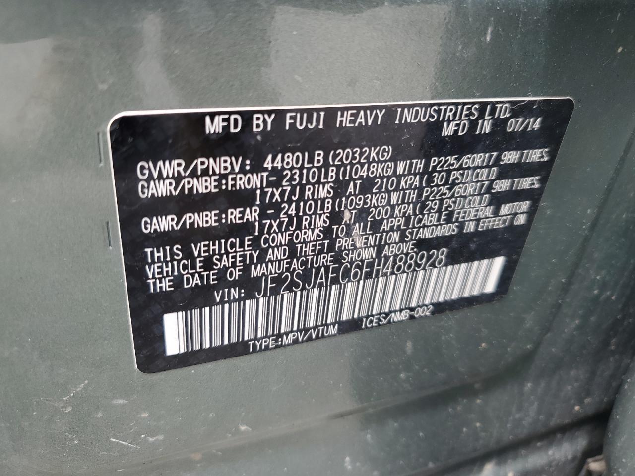 2015 Subaru Forester 2.5I Premium VIN: JF2SJAFC6FH488928 Lot: 62744274