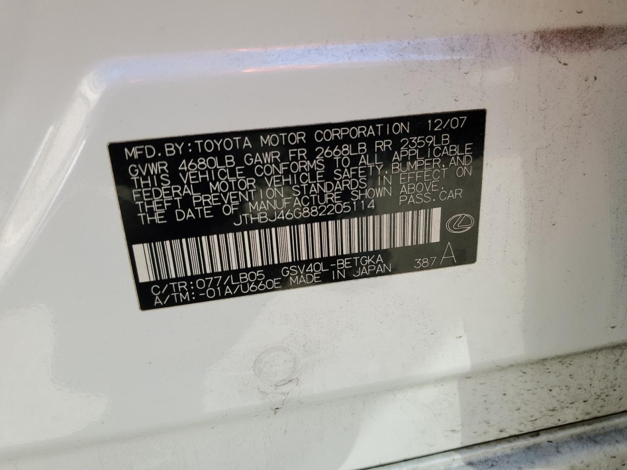 2008 Lexus Es 350 VIN: JTHBJ46G882205114 Lot: 62145924