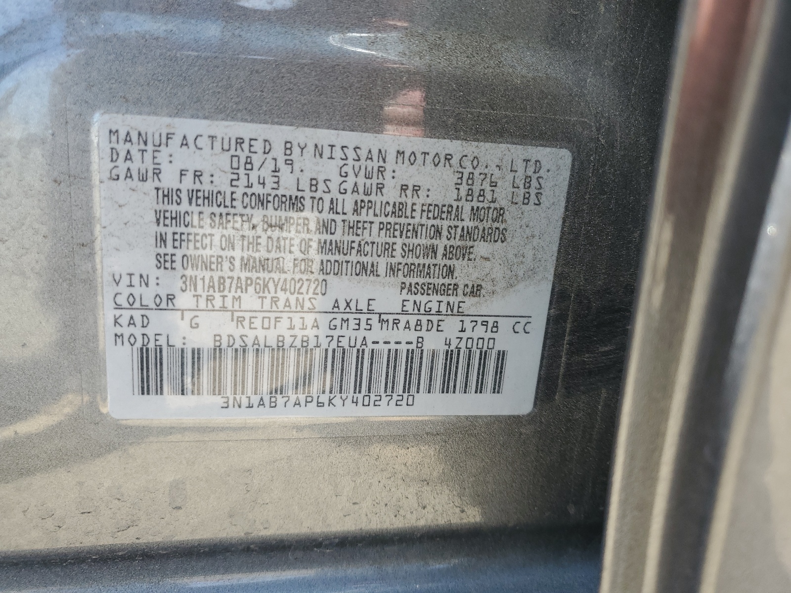 3N1AB7AP6KY402720 2019 Nissan Sentra S