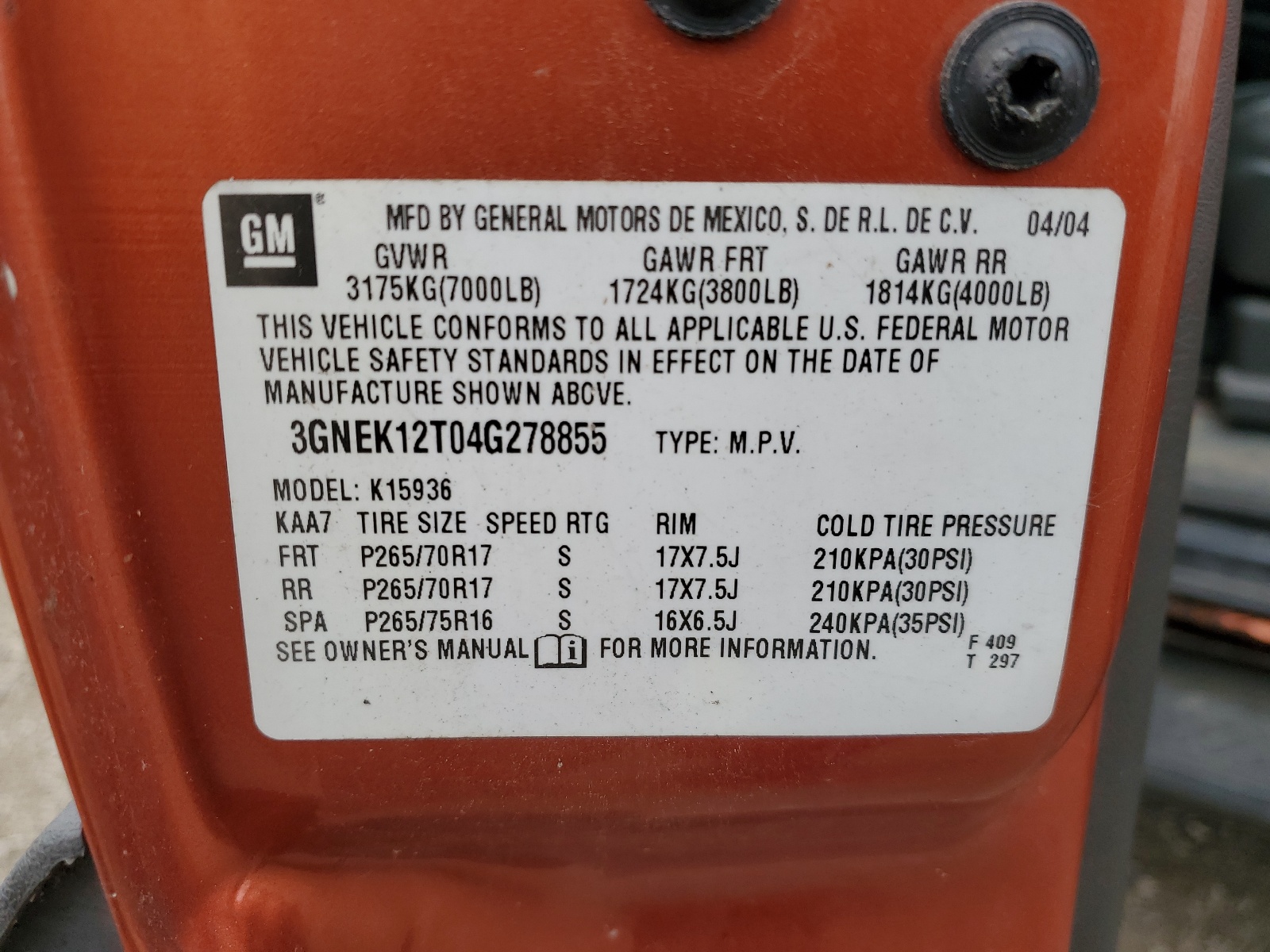 3GNEK12T04G278855 2004 Chevrolet Avalanche K1500