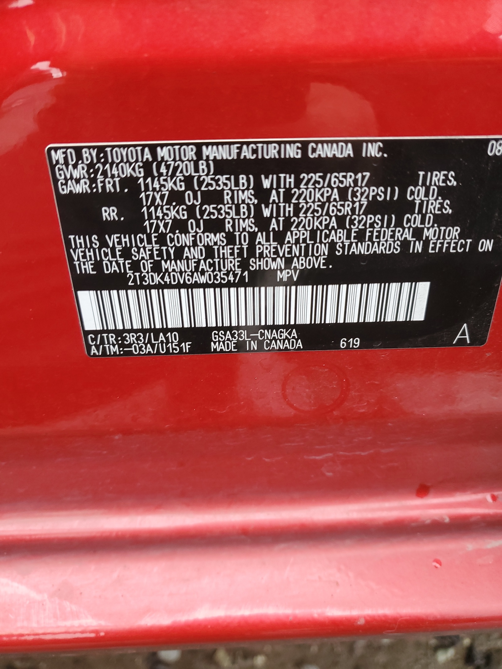 2T3DK4DV6AW035471 2010 Toyota Rav4 Limited