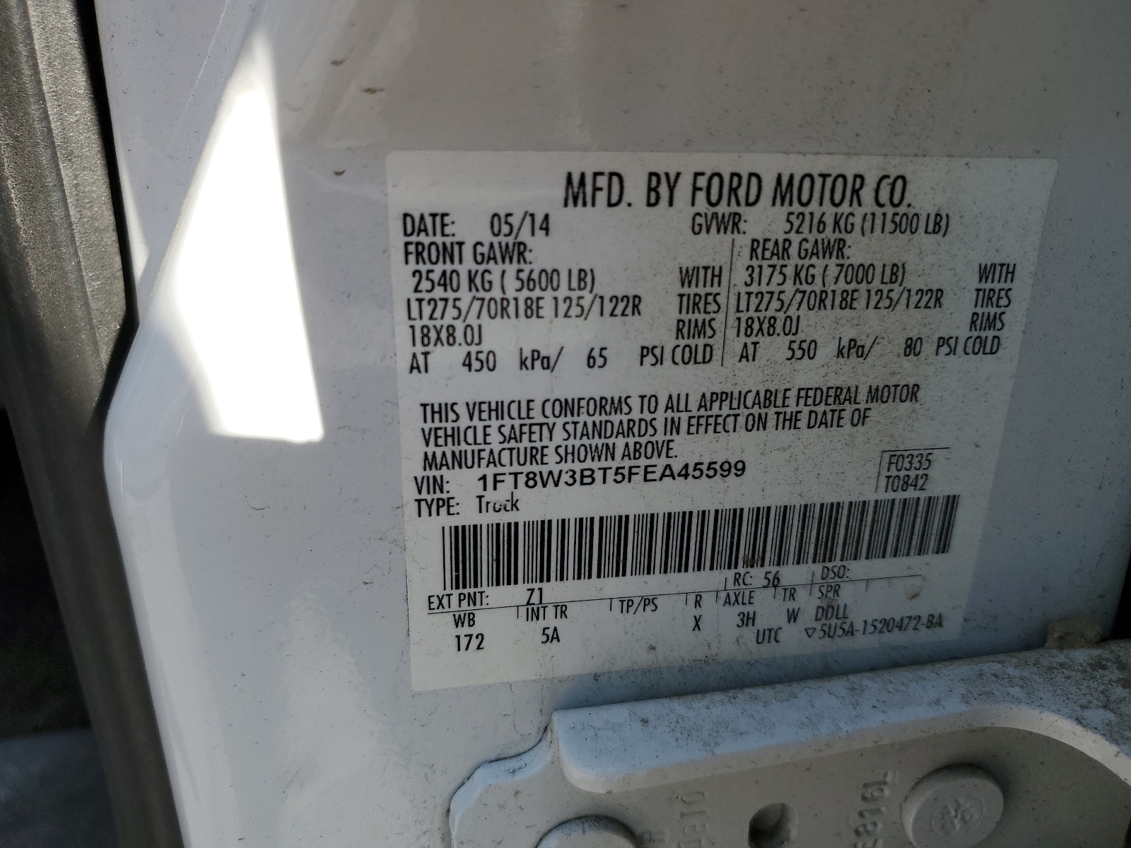 1FT8W3BT5FEA45599 2015 Ford F350 Super Duty