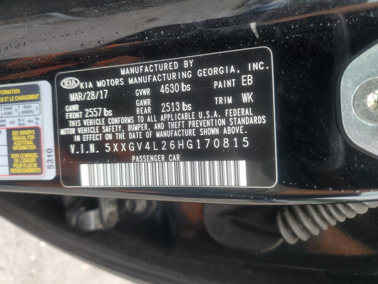 2017 Kia Optima Sxl VIN: 5XXGV4L26HG170815 Lot: 64018184