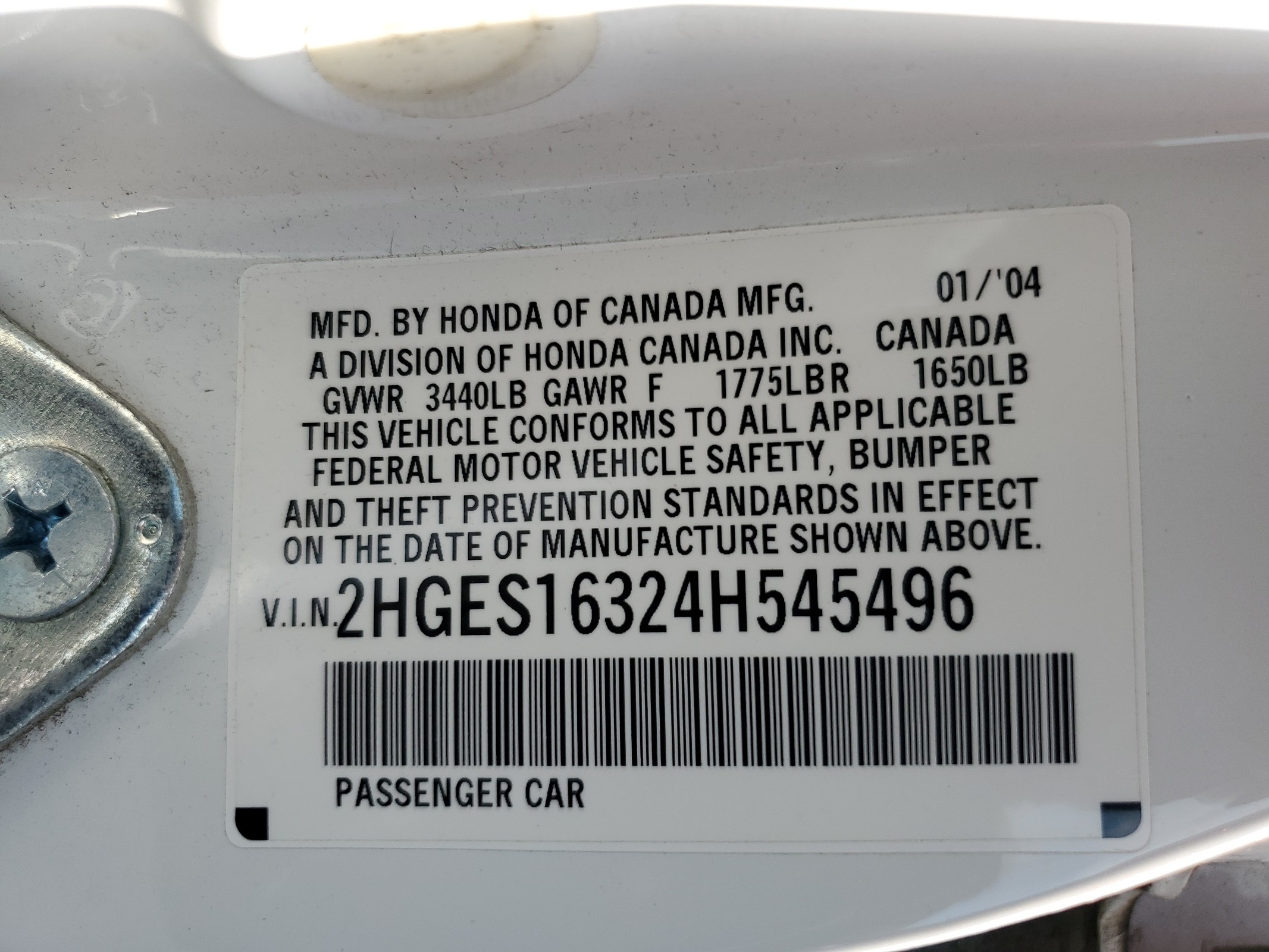 2HGES16324H545496 2004 Honda Civic Dx Vp