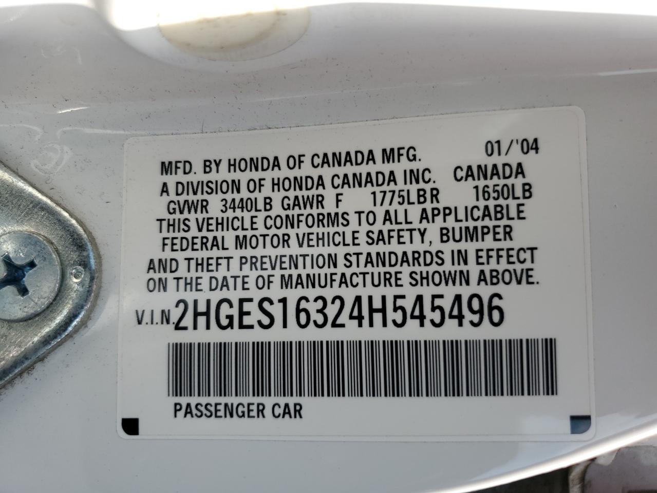 2004 Honda Civic Dx Vp VIN: 2HGES16324H545496 Lot: 62935044