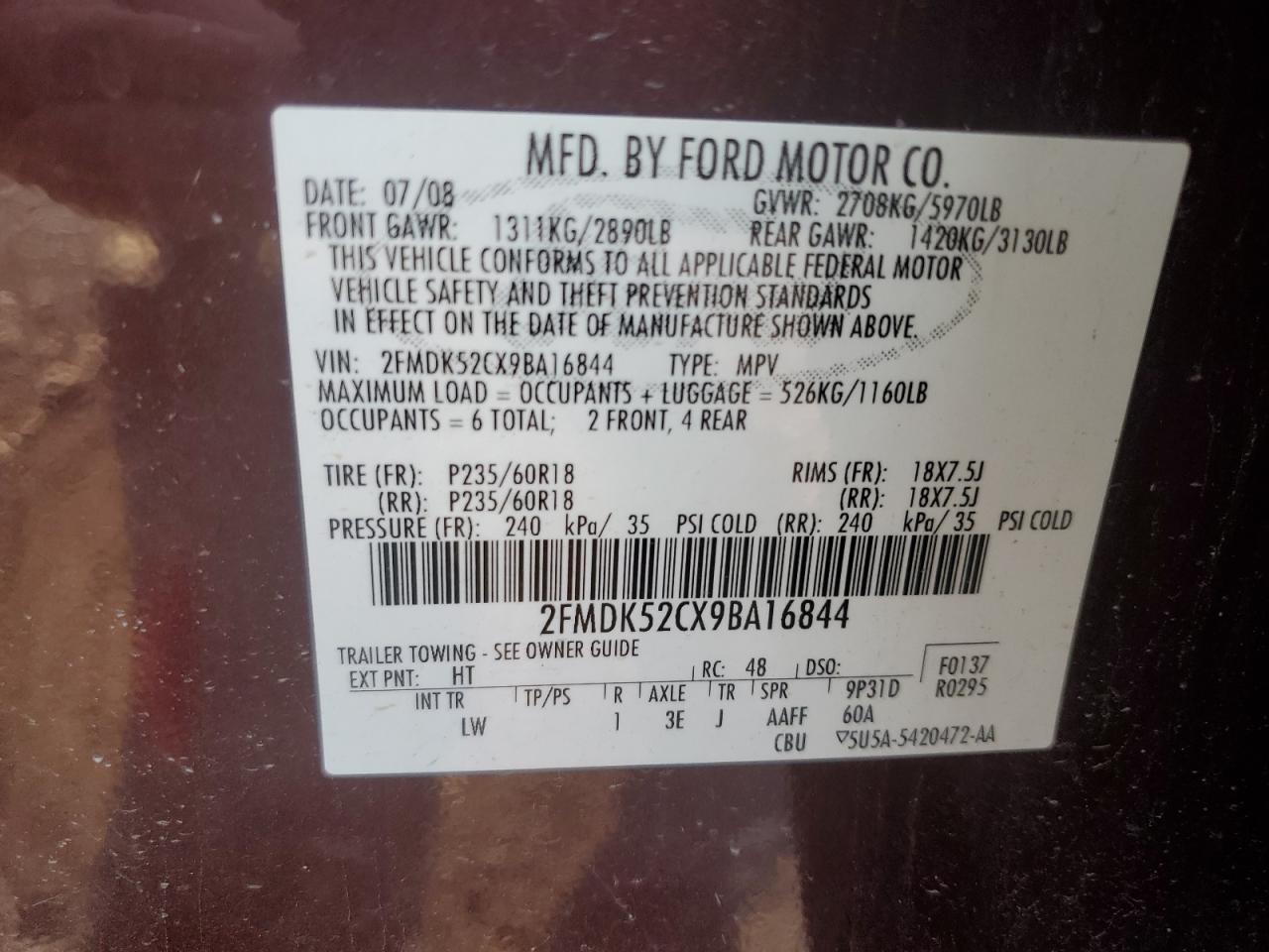 2FMDK52CX9BA16844 2009 Ford Flex Sel