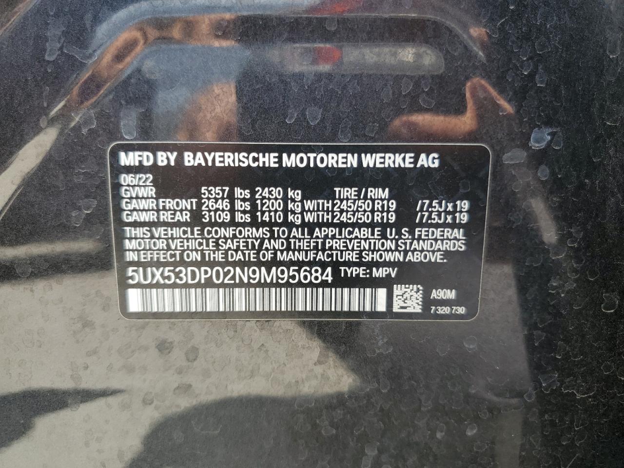 VIN 5UX53DP02N9M95684 2022 BMW X3 no.13