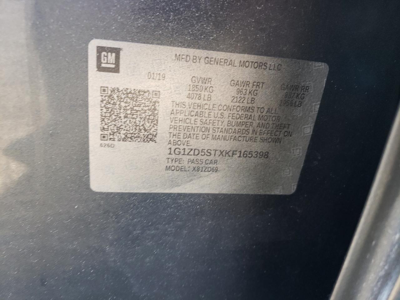 2019 Chevrolet Malibu Lt VIN: 1G1ZD5STXKF165398 Lot: 64685754