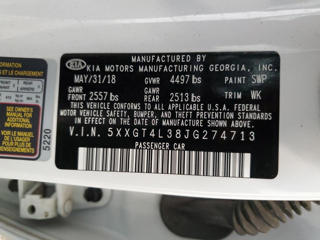 2018 Kia Optima Lx VIN: 5XXGT4L38JG274713 Lot: 64146094