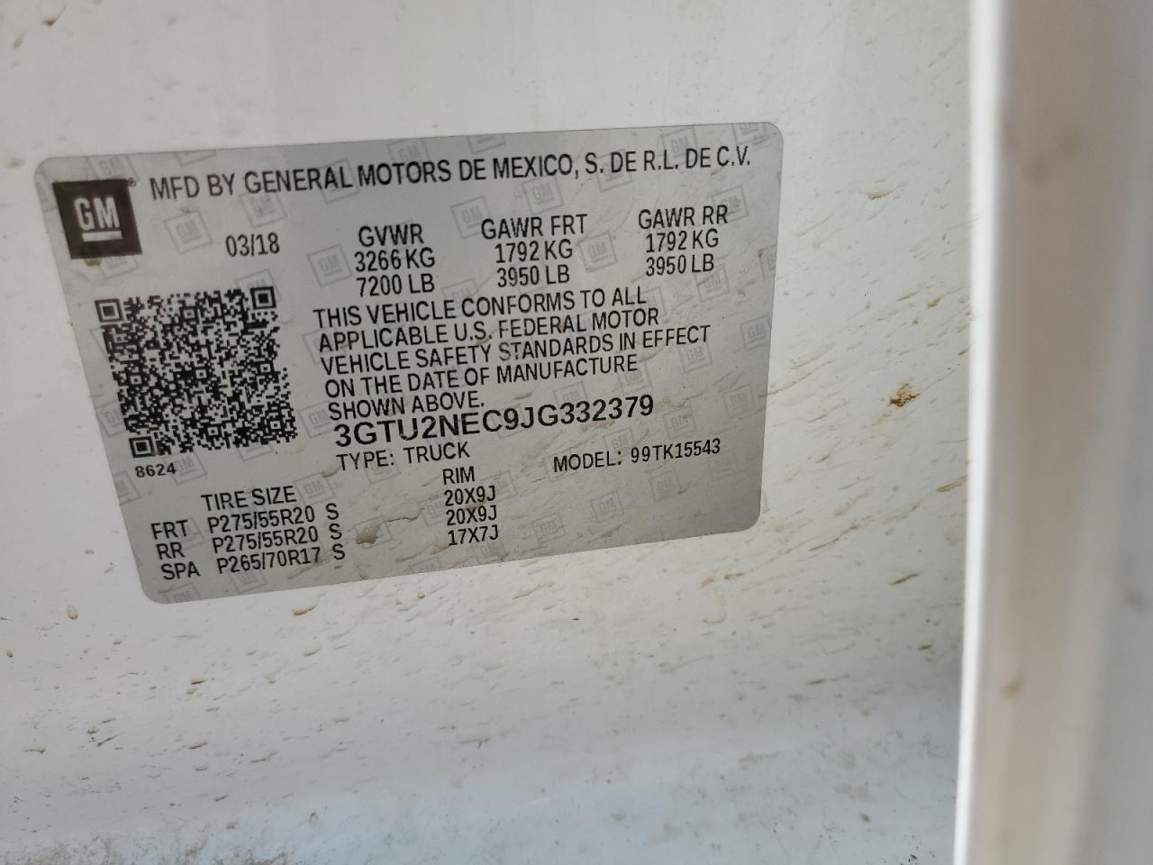 3GTU2NEC9JG332379 2018 GMC Sierra K1500 Slt