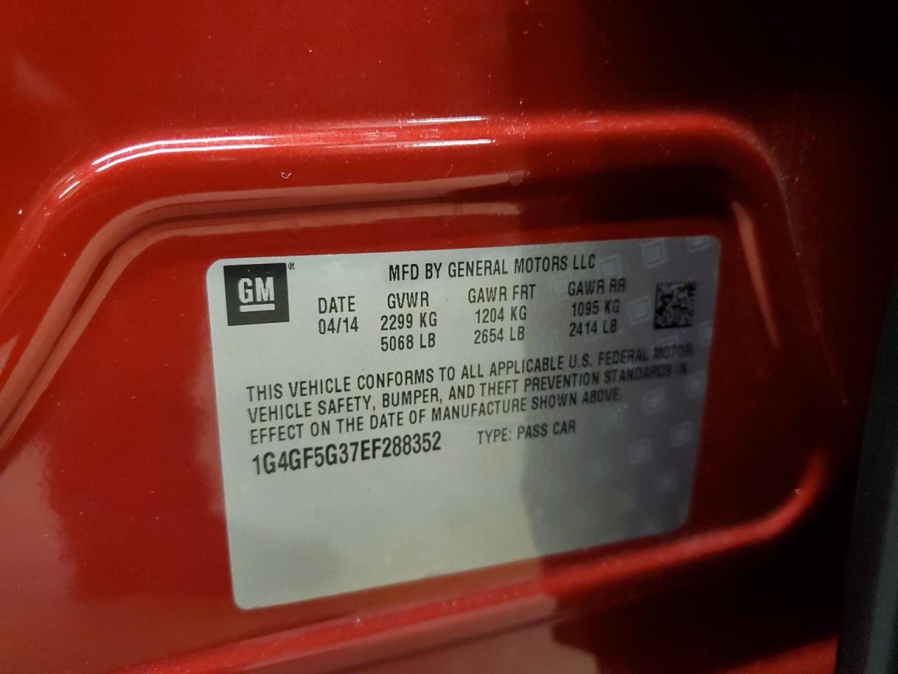 2014 Buick Lacrosse Touring VIN: 1G4GF5G37EF288352 Lot: 61643204