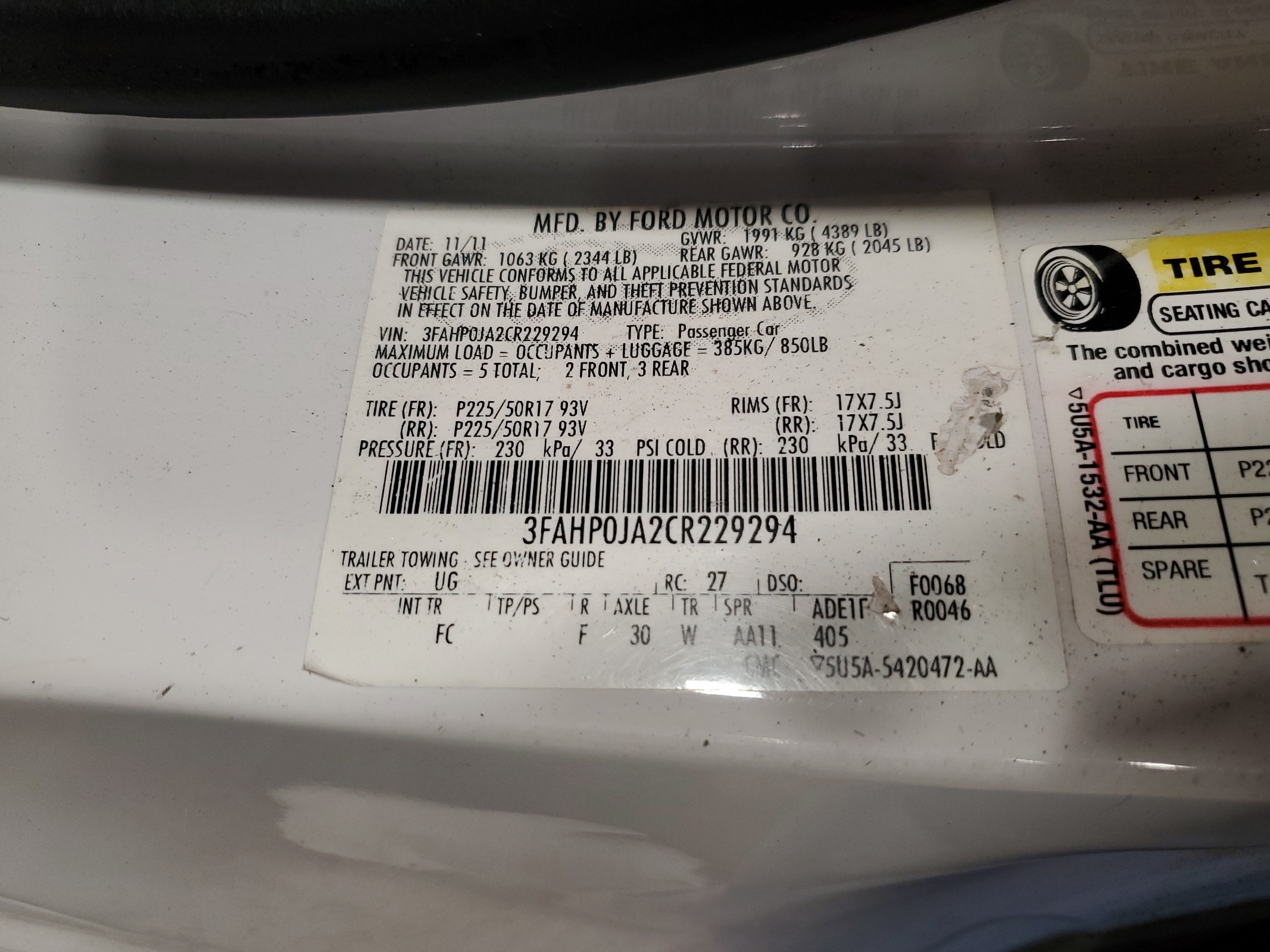 3FAHP0JA2CR229294 2012 Ford Fusion Sel