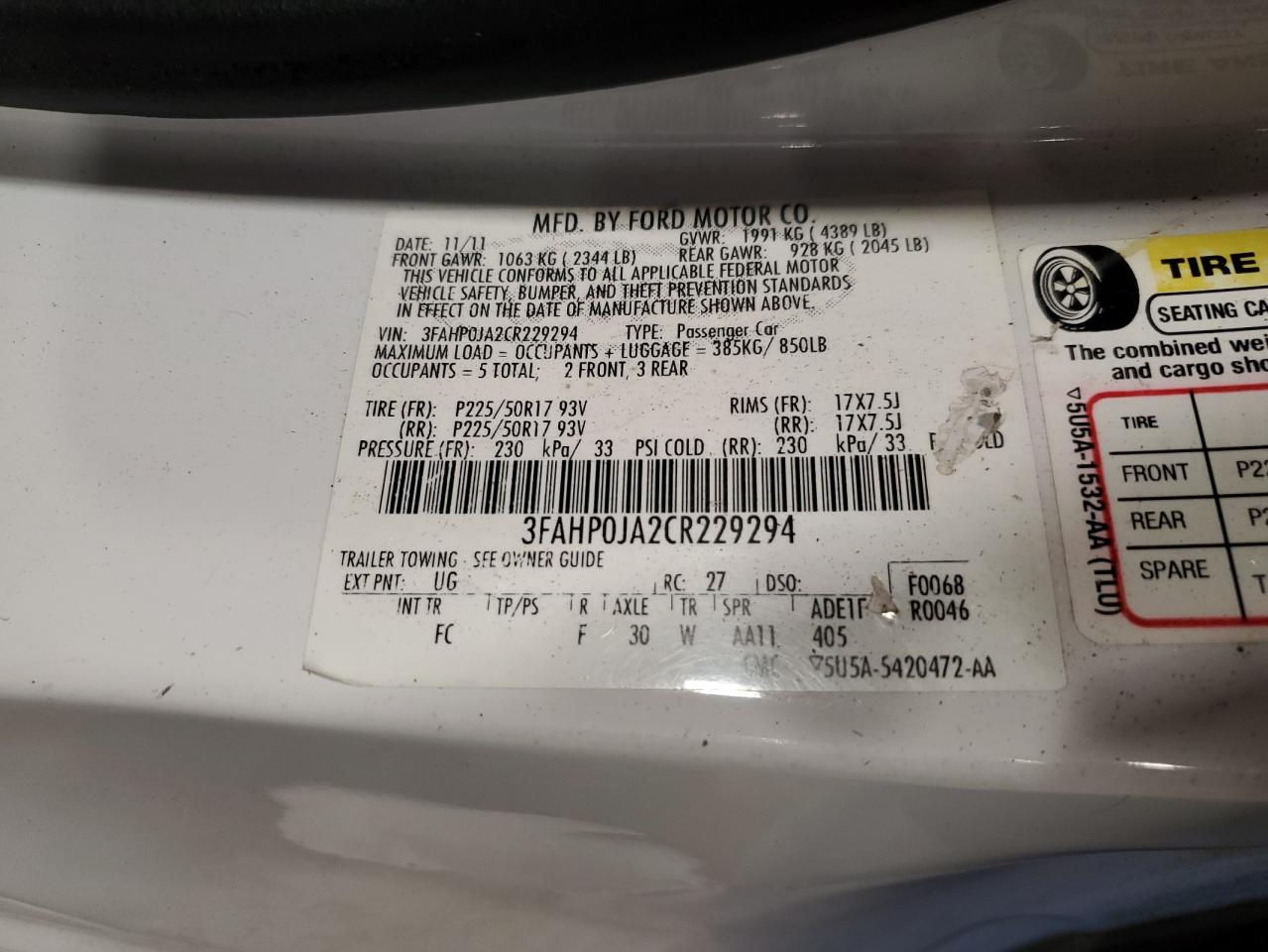 2012 Ford Fusion Sel VIN: 3FAHP0JA2CR229294 Lot: 65116704