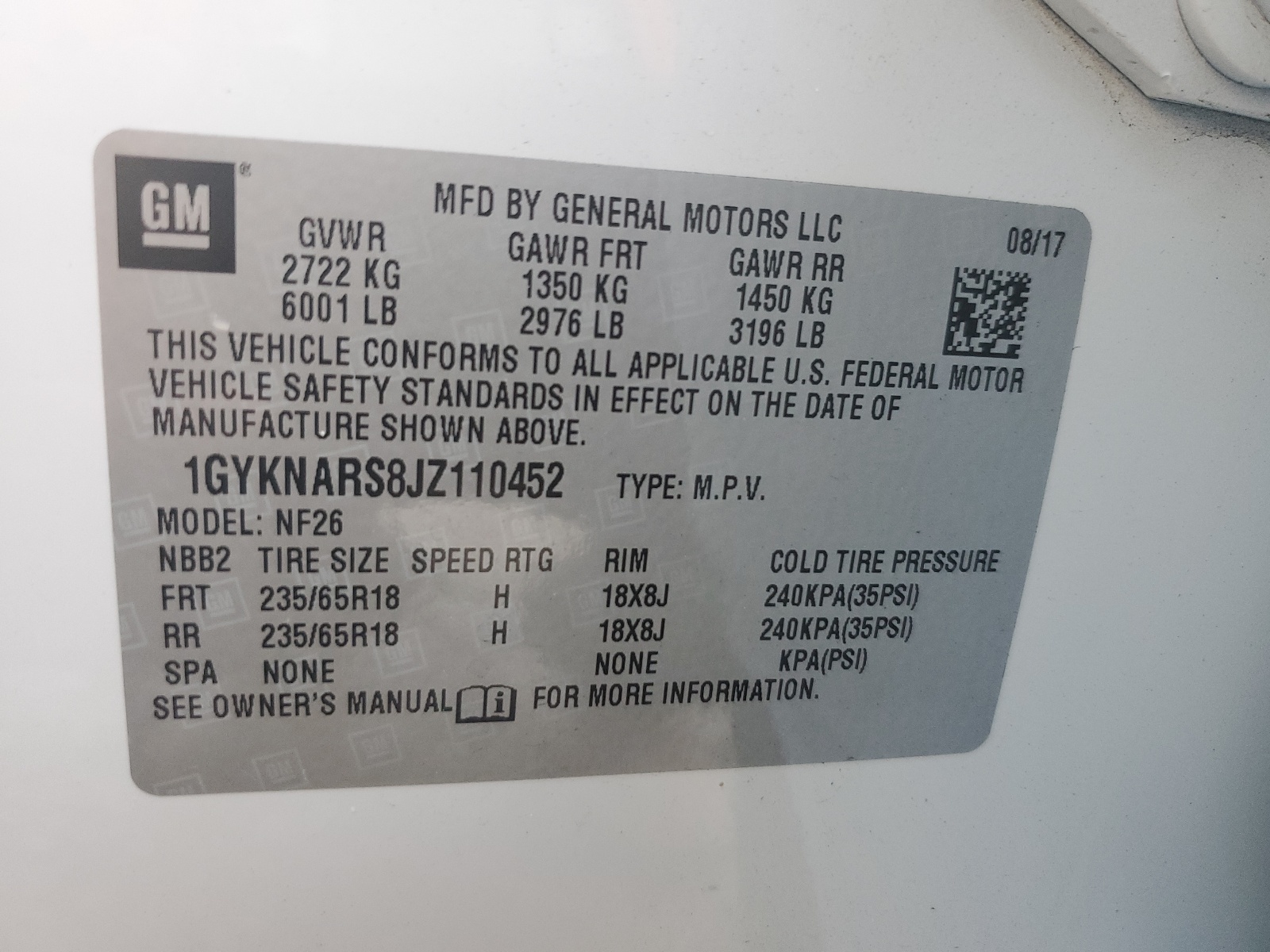 1GYKNARS8JZ110452 2018 Cadillac Xt5