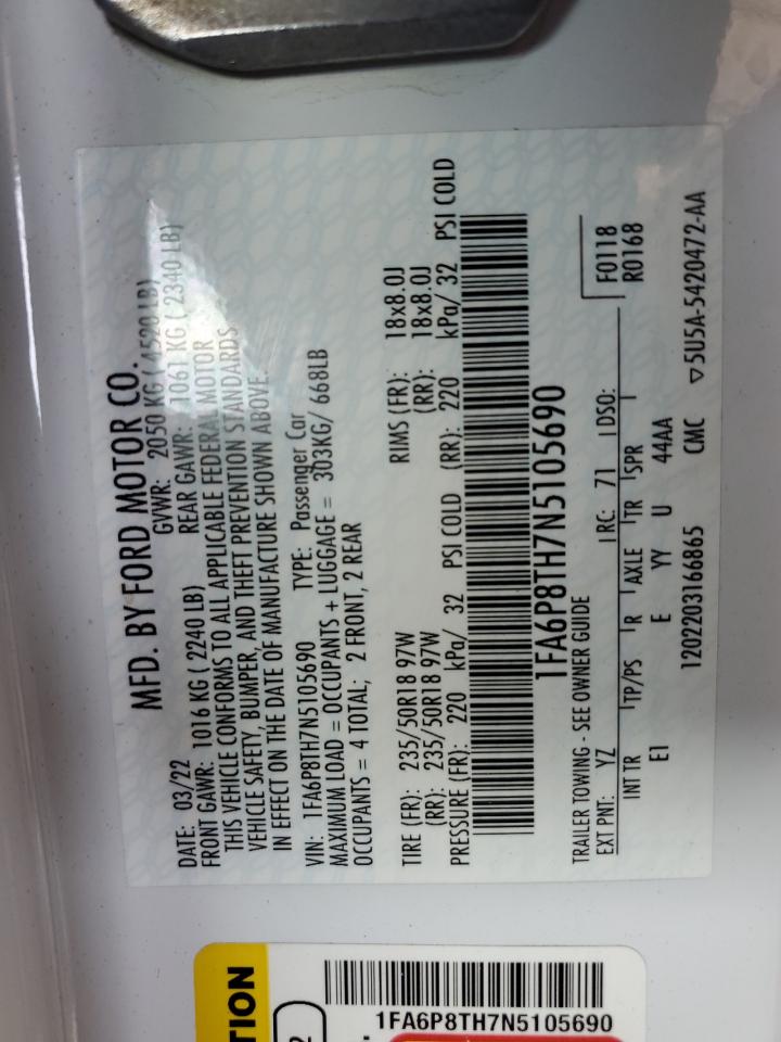 2022 Ford Mustang VIN: 1FA6P8TH7N5105690 Lot: 64616124