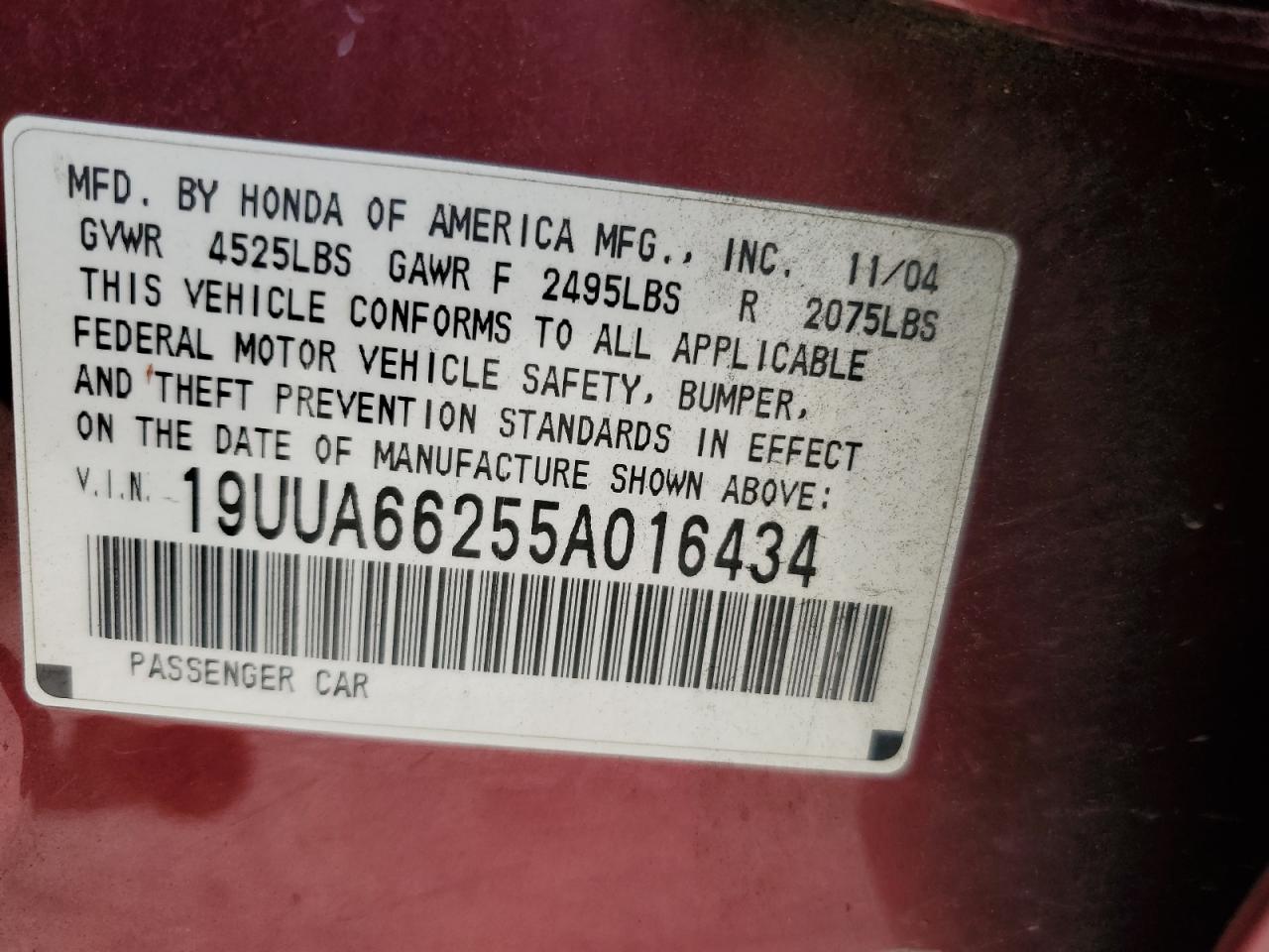 2005 Acura Tl VIN: 19UUA66255A016434 Lot: 61884044