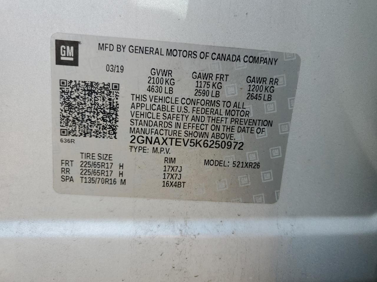 2019 Chevrolet Equinox Lt VIN: 2GNAXTEV5K6250972 Lot: 62395814