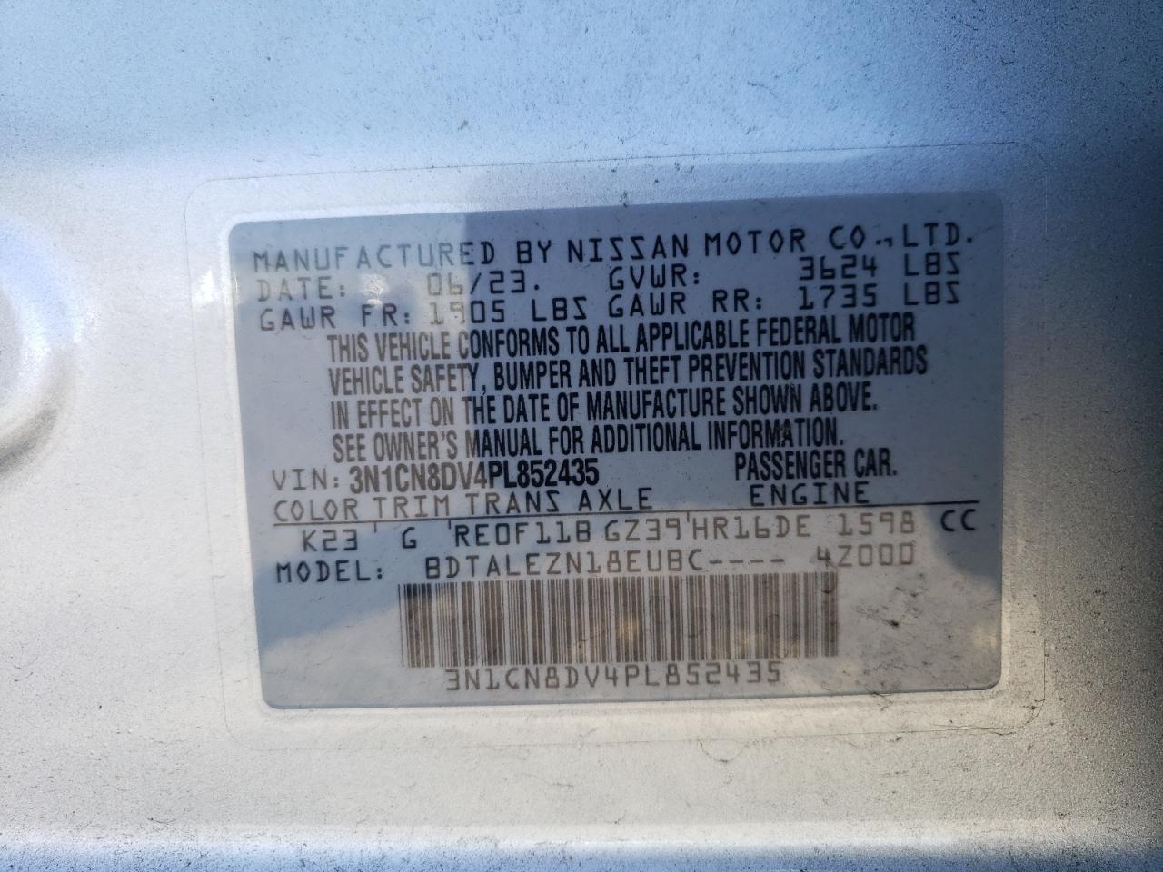 3N1CN8DV4PL852435 2023 Nissan Versa S