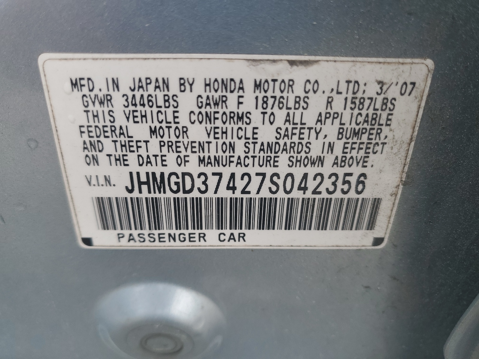 JHMGD37427S042356 2007 Honda Fit