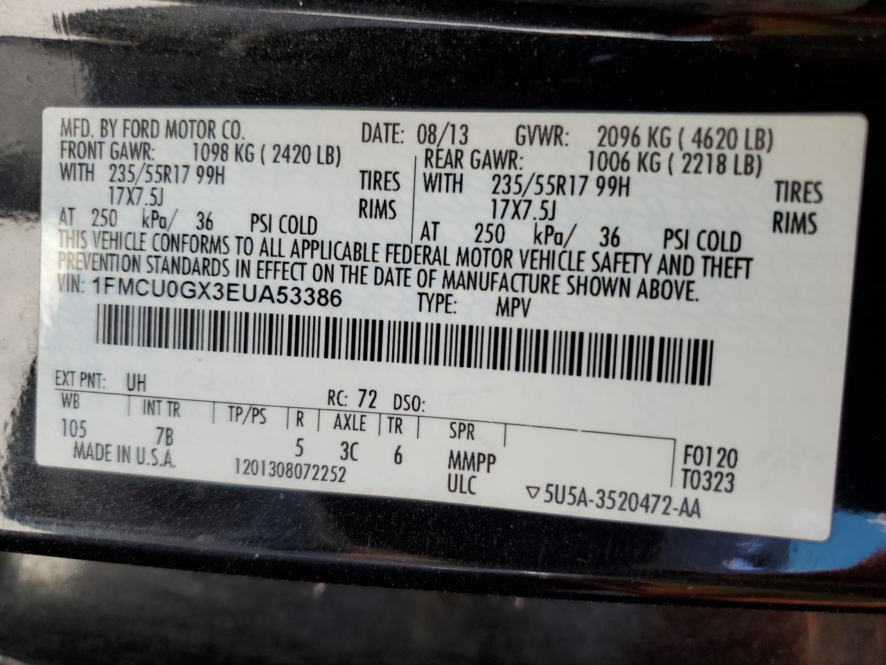 2014 Ford Escape Se VIN: 1FMCU0GX3EUA53386 Lot: 64146944