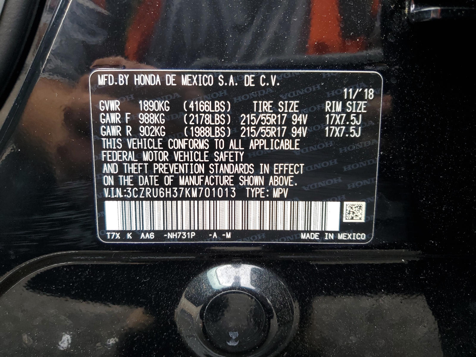 3CZRU6H37KM701013 2019 Honda Hr-V Lx