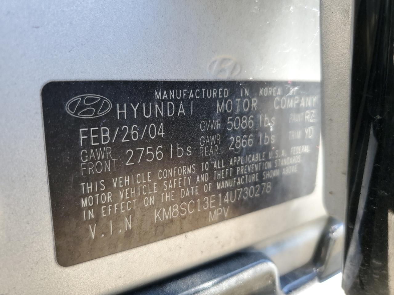 KM8SC13E14U730278 2004 Hyundai Santa Fe Gls